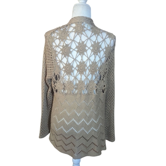 Tan Crochet Back Pointelle Cream Bohemian Festival Hippie Open Cardigan Sz XL - Picture 9 of 11
